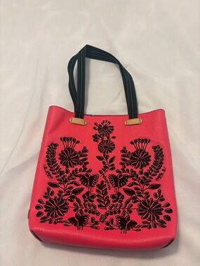 Consuela Maren Everyday Tote pink leather exterior black floral embroidery boho